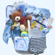 Babygeschenkkorb XXL mit Bodies, Wickeldecke, Babykosmetik, Spielzeug uvm in blau